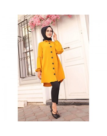 Tunique Chemise ample fermeture boutons pour femme (Vêtement Mastour Hijab) - Couleur jaune moutarde 