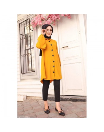 Tunique Chemise ample fermeture boutons pour femme (Vêtement Mastour Hijab) - Couleur jaune moutarde 