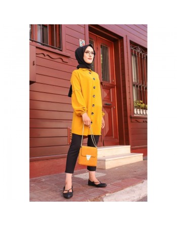 Tunique Chemise ample fermeture boutons pour femme (Vêtement Mastour Hijab) - Couleur jaune moutarde 
