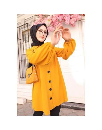 Tunique Chemise ample fermeture boutons pour femme (Vêtement Mastour Hijab) - Couleur jaune moutarde 