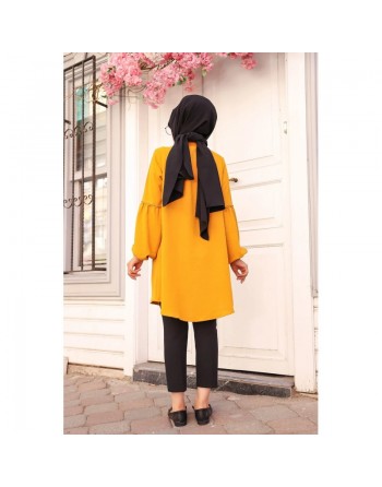 Tunique Chemise ample fermeture boutons pour femme (Vêtement Mastour Hijab) - Couleur jaune moutarde 