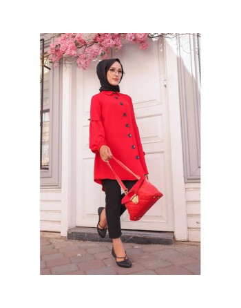 Tunique Chemise ample fermeture boutons pour femme (Vêtements Mode islamique) - Couleur rouge 
