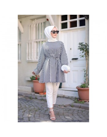 Tunique noire et blanche avec ceinture assortie (Boutique Prêt-à-porter Hijab et Femme musulmane) 