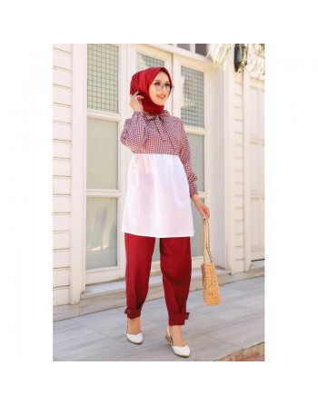 Tunique à carreaux ample et évasée pour femme (Boutique en ligne Hijab et Mode islamique) - Couleur blanc et Bordeaux 