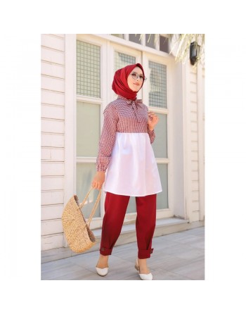 Tunique à carreaux ample et évasée pour femme (Boutique en ligne Hijab et Mode islamique) - Couleur blanc et Bordeaux 
