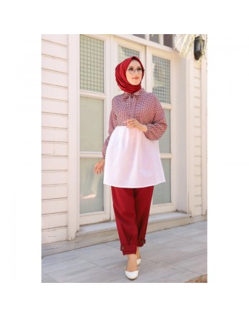 Tunique à carreaux ample et évasée pour femme (Boutique en ligne Hijab et Mode islamique) - Couleur blanc et Bordeaux 