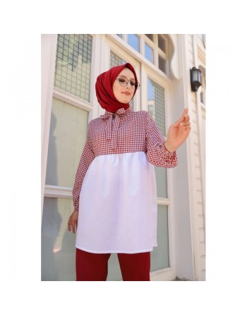Tunique à carreaux ample et évasée pour femme (Boutique en ligne Hijab et Mode islamique) - Couleur blanc et Bordeaux 