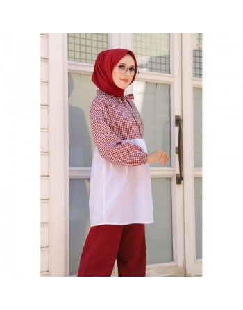Tunique à carreaux ample et évasée pour femme (Boutique en ligne Hijab et Mode islamique) - Couleur blanc et Bordeaux 