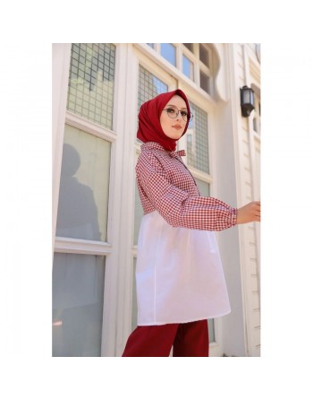 Tunique à carreaux ample et évasée pour femme (Boutique en ligne Hijab et Mode islamique) - Couleur blanc et Bordeaux 