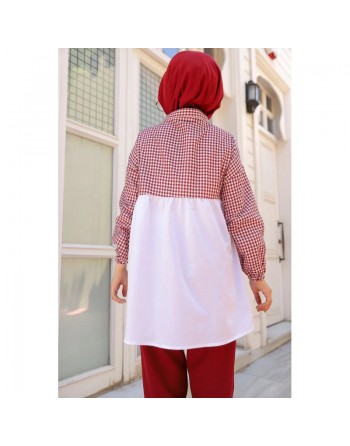 Tunique à carreaux ample et évasée pour femme (Boutique en ligne Hijab et Mode islamique) - Couleur blanc et Bordeaux 