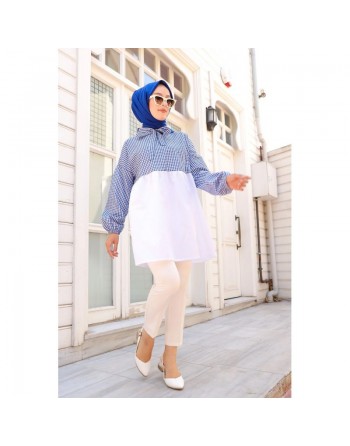 Tunique à carreaux ample et évasée (Boutique en ligne vêtement femme musulmane) - Couleur blanc et bleu 