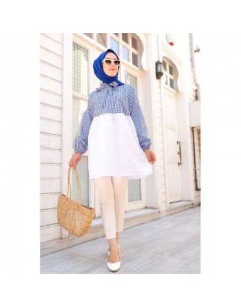 Tunique à carreaux ample et évasée (Boutique en ligne vêtement femme musulmane) - Couleur blanc et bleu 