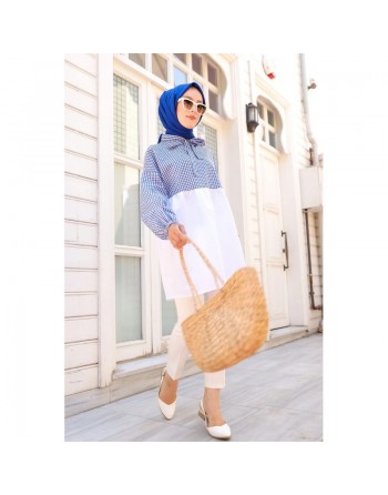 Tunique à carreaux ample et évasée (Boutique en ligne vêtement femme musulmane) - Couleur blanc et bleu 