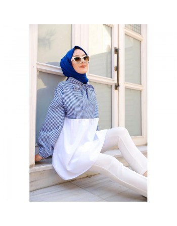 Tunique à carreaux ample et évasée (Boutique en ligne vêtement femme musulmane) - Couleur blanc et bleu 