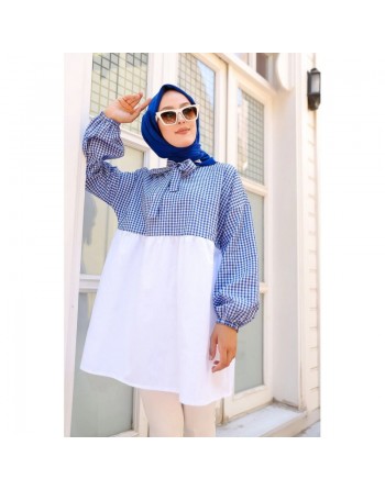 Tunique à carreaux ample et évasée (Boutique en ligne vêtement femme musulmane) - Couleur blanc et bleu 