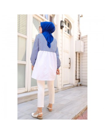 Tunique à carreaux ample et évasée (Boutique en ligne vêtement femme musulmane) - Couleur blanc et bleu 