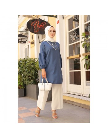 Tunique habillée à manche bouffante pour femme (Vetement de ville pour hijab) - Couleur bleue indigo 