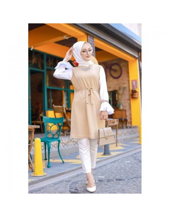 Tunique à volants (Vetement hijab pour femme musulmane) - Couleur beige et blanc 