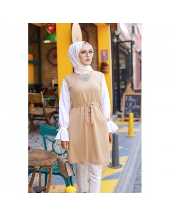 Tunique à volants (Vetement hijab pour femme musulmane) - Couleur beige et blanc 