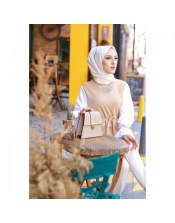 Tunique à volants (Vetement hijab pour femme musulmane) - Couleur beige et blanc 