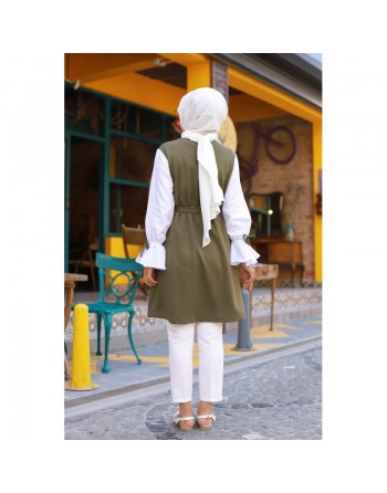 Tunique à volants (Vetement pudique pour femme musulmane) - Couleur kaki et blanc 