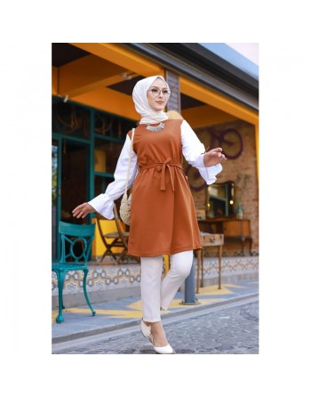 Tunique à volant (Vêtement pudique en ligne pour femme voilée) - Couleur rouille et blanc 