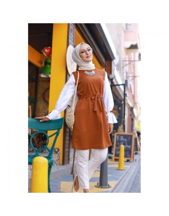Tunique à volant (Vêtement pudique en ligne pour femme voilée) - Couleur rouille et blanc 