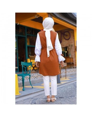 Tunique à volant (Vêtement pudique en ligne pour femme voilée) - Couleur rouille et blanc 