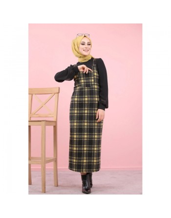 Robe Salopette à carreaux (Tenue Hijab Saion Automne-Hiver pour femme voilee) - Couleur Jaune et noir 