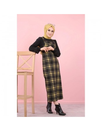 Robe Salopette à carreaux (Tenue Hijab Saion Automne-Hiver pour femme voilee) - Couleur Jaune et noir 