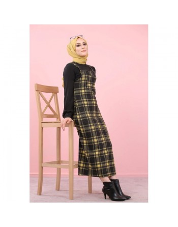 Robe Salopette à carreaux (Tenue Hijab Saion Automne-Hiver pour femme voilee) - Couleur Jaune et noir 