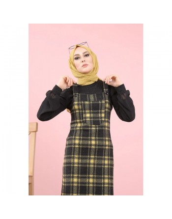 Robe Salopette à carreaux (Tenue Hijab Saion Automne-Hiver pour femme voilee) - Couleur Jaune et noir 