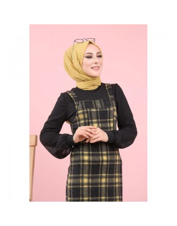 Robe Salopette à carreaux (Tenue Hijab Saion Automne-Hiver pour femme voilee) - Couleur Jaune et noir 
