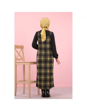 Robe Salopette à carreaux (Tenue Hijab Saion Automne-Hiver pour femme voilee) - Couleur Jaune et noir 
