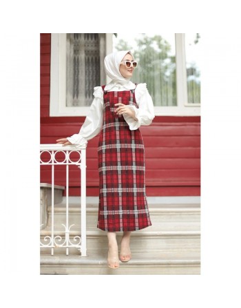 Robe Salopette femme à carreaux de couleur rouge et noire (Vente en ligne Prêt à porter femme musulmane) 