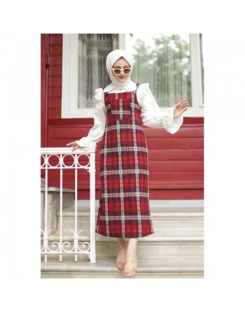 Robe Salopette femme à carreaux de couleur rouge et noire (Vente en ligne Prêt à porter femme musulmane) 