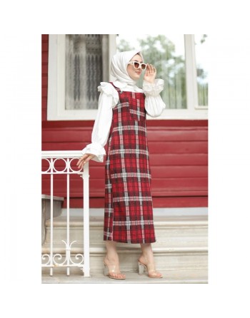 Robe Salopette femme à carreaux de couleur rouge et noire (Vente en ligne Prêt à porter femme musulmane) 