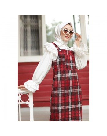 Robe Salopette femme à carreaux de couleur rouge et noire (Vente en ligne Prêt à porter femme musulmane) 