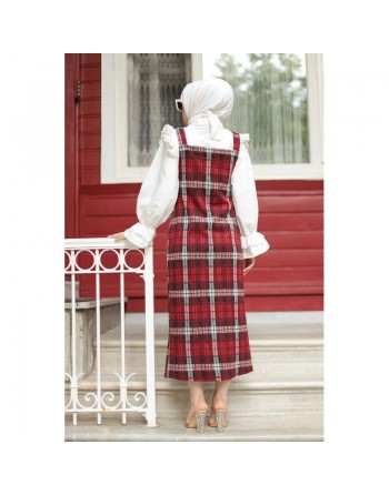 Robe Salopette femme à carreaux de couleur rouge et noire (Vente en ligne Prêt à porter femme musulmane) 