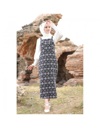 Combinaison-Salopette à carreaux de couleur noir et blanc (Tenue Hijab pour femme voilée) 