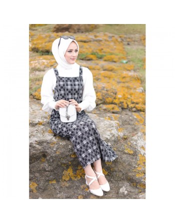 Combinaison-Salopette à carreaux de couleur noir et blanc (Tenue Hijab pour femme voilée) 