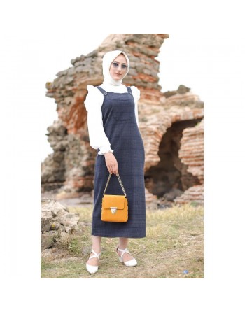 Robe Salopette à carreaux pour femme (Tenue Hijab et Modest Fashion) - Couleur bleu et gris 