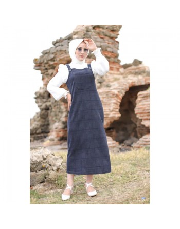 Robe Salopette à carreaux pour femme (Tenue Hijab et Modest Fashion) - Couleur bleu et gris 