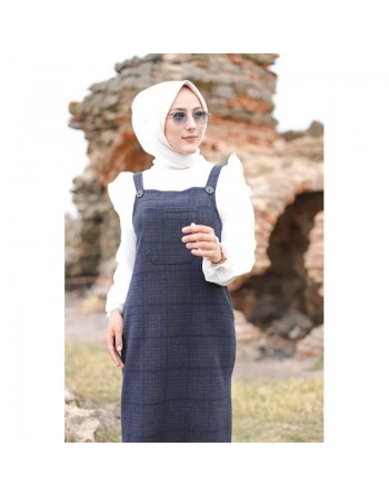 Robe Salopette à carreaux pour femme (Tenue Hijab et Modest Fashion) - Couleur bleu et gris 