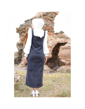 Robe Salopette à carreaux pour femme (Tenue Hijab et Modest Fashion) - Couleur bleu et gris 