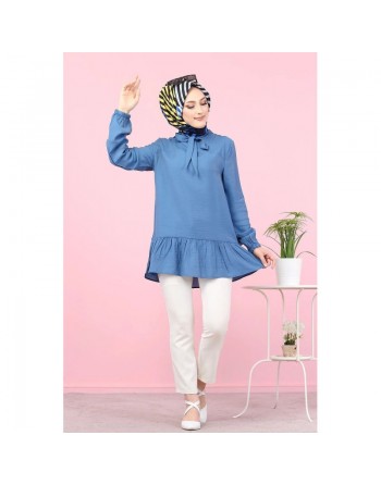 Tunique à volant (Vetement tendance femme voilée) - Couleur bleu indigo 