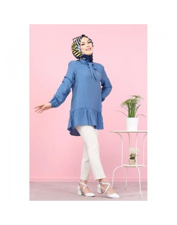 Tunique à volant (Vetement tendance femme voilée) - Couleur bleu indigo 