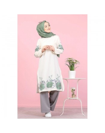 Tunique écru avec motifs fleuris vert amande 