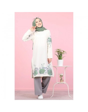 Tunique écru avec motifs fleuris vert amande 