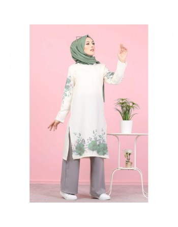 Tunique écru avec motifs fleuris vert amande 